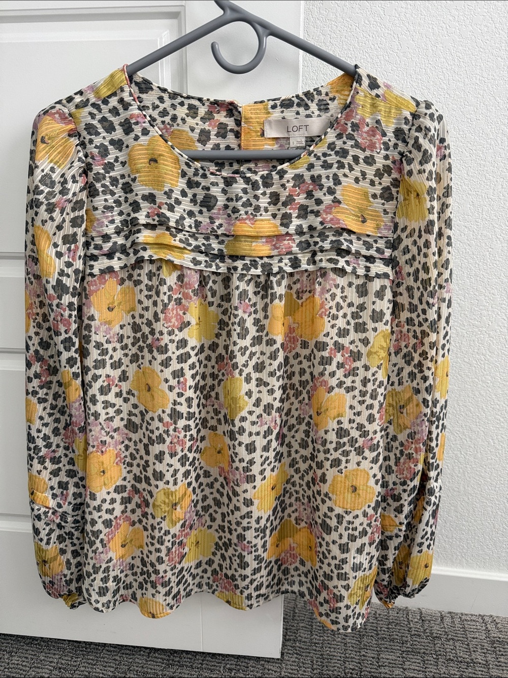 LOFT Yellow and Pink Floral Pleated Yoke Blouse